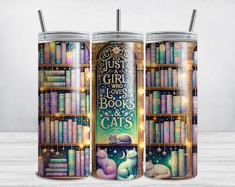 Cats and Books Tumbler Wrap, Cats and Books PNG, 20 oz Skinny Sublimation, Girl Who Loves Books Cats, Bookish Reader, Book Lover Cat Lover
