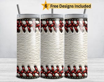 May include: Three baseball-themed tumblers with lids and straws. The design features a white leather texture with red stitching, mimicking a baseball. The text "6 Free Designs Included" is displayed on a yellow star.