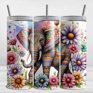 Floral Elephant Tumbler Wrap, 20oz Skinny Elephant Tumbler Wrap PNG, Daises Animal Sublimation Tumbler Design DIGITAL DOWNLOAD