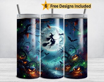 Halloween Witch Tumbler Wrap, 20 oz Skinny Tumbler Sublimation Design, Witchy PNG Gothic Full Moon Broomstick Pumpkin Fall DIGITAL DOWNLOAD