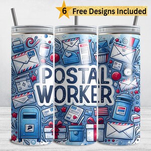 Postal Worker 20 oz Skinny Tumbler Wrap Sublimation Design, Cute Mail Carrier Letter Stamp Collage, Digital Download PNG