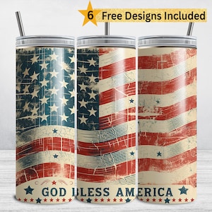 God Bless America Tumbler Wrap, Patriotic American Flag Skinny Tumbler Sublimation Design, 20 oz Patriotic 4th of July