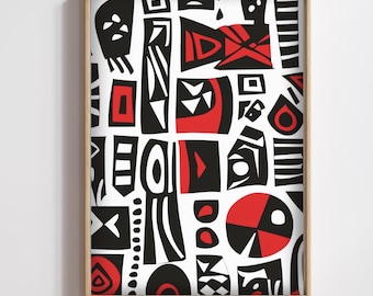 Bold African Wall Art Print | Black Red White Tribal Decor | Modern African-Inspired Abstract Geometric Pattern | Retro Afrocentric Print