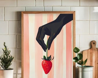 Afrocentric Erdbeere Wandkunst, mutige schwarze Handfrucht-Druck, afroamerikanischer digitaler Download, Küchenkunst, minimalistisches Boho-Dekor, Sommer