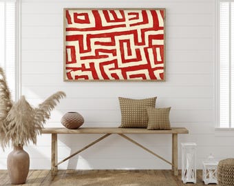 Rote abstrakte Kunst | Boho - Minimalistische Wandkunst | Afrocentric Wanddekor | Ethnische Kunst |  Wohnzimmer Kunst | Digitaler Download | Labyrinth Art