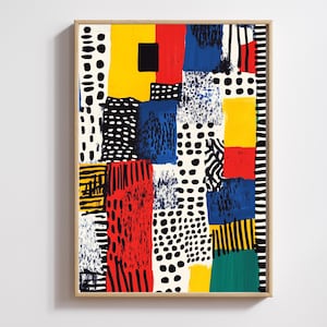 May include: Abstract art print featuring a colorful geometric pattern with red, yellow, blue, black, and white shapes. The print has a modern and contemporary style.