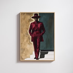 Puede incluir: Una impresión artística enmarcada que muestra a una persona con un traje, sombrero y gafas de sol de color burdeos, caminando por una escalera blanca. El fondo tiene una combinación de colores beige y verde azulado. La obra está en un marco de madera.