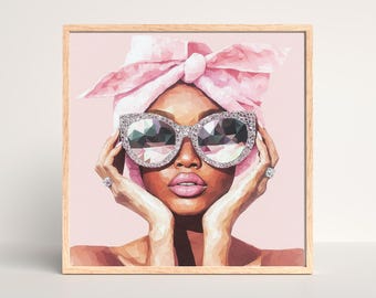 Glam Luxury Art Print - Glam Diamond Sunglasses Print, Pink Aesthetic, Fashion Wall Art, Afrocentric Decor, Feminine Bathroom Art, Pink Art