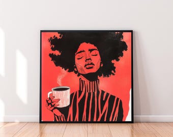 Bold Afrocentric Coffee Art Print – Black Woman, Minimalist Red & Black Wall Art,  Modern Home Decor, Coffee Lover, Kitchen Art, Abstract