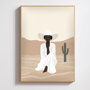 Minimalistisches südwestliches Afroamerikanerplakat | Boho Chic Wüste Kunstdruck | Schwarze Frau & Kaktus |  Wanddekoration | Minimalistische Landschaft