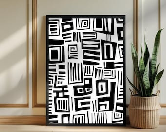 Moderne schwarz weiße Tribalwandkunst | Afrocentric geometrischer Druck | Mutiger afrikanischer digitaler Download | Ethnische minimalistische Dekor Boho Art