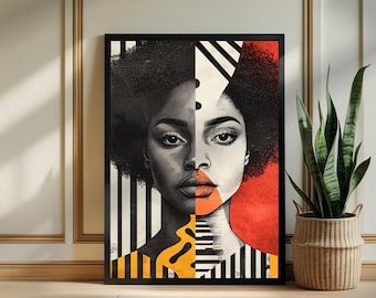 Afrocentric Abstract Black Woman Wall Art – Modern Geometric Portrait Print, African American Digital Download, Melanin Home Decor, Home Art