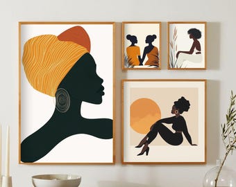 Afrocentric Black Woman Wall Art Set, Boho Digital Prints, African American Home Decor, Black Woman Printable Art, Modern Gallery Set