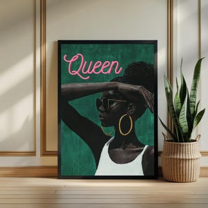 Queen Wall Art | Black Woman Print with Afro & Gold Hoops | Afro Surrealism Digital Download | Black Culture Decor| Digital Download Poster