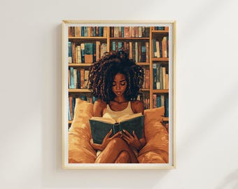 Girl Book Art - Black Woman Reading | Afrocentric Wall Print | Book Lover Art | Black Woman Art | African American Art | Black Art Print