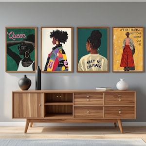 Black Woman Wall Art Set of 4 Posters | Afrocentric Printable Posters | Fashionable Black Girl Magic Decor | Empowering Black Female Art