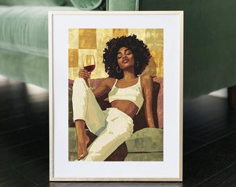 Woman & Wine Wall Art - Black Woman Wall Art - Wine Lover -Black Girl Magic Wall Print - Feminine Energy Decor - Modern Afrocentric Wall Art