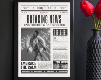 Funny Feminist Wall Art - Retro Newspaper Print | Unbothered Self Care Poster | Bold & Witty Home Decor | Trendy Black and White Art
