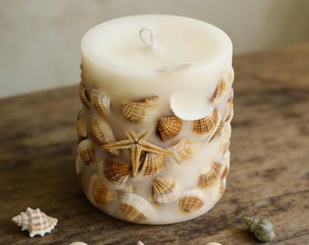 Handgemachte Muschel/Getrocknete Blumen Hochzeitskerze | Rustikaler Boho Brautschmuck, Sojawachs Gastgeschenke