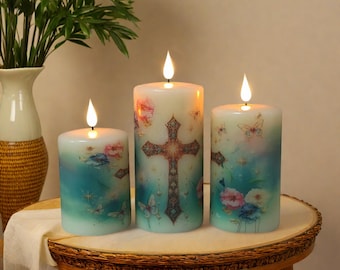 Christian flammenlose LED Kerze 3er-Set, echtes Wachs, Fernbedienung & Timer Batteriebetriebene Stumpenkerzen Safe Home Decor