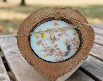 Coconut Wood Dough Bowl Candle: Dried Floral Soy Wax, Wooden Wick, Housewarming Gift
