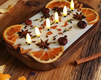 Christmas Gift Spiced Orange Cinnamon Dough Bowl Candle, LED Wick Flameless Handmade Scent Candle Home Decor for Housewarming