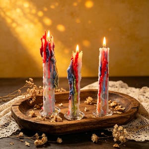 May include: Three lit, colourful candles with melted wax, displayed on a wooden tray. The candles have red, blue, and yellow wax drips. The tray is decorated with dried flowers and lace.