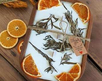 Mugwort Orange Dough Bowl Candle | 3-Wick Soy Wax Candle in Reclaimed Wood | Herbaceous Citrus Scent Home Decor | Housewarming Gift