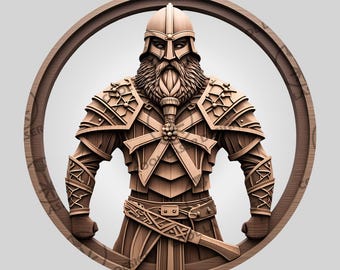 May include: A detailed wooden carving of a Viking warrior, featuring a helmet, long beard, and intricate armor. The figure is set within a circular wooden frame, showcasing the craftsmanship and design. The warrior holds a sword.
