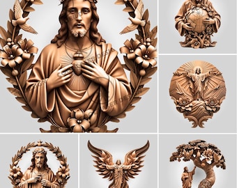 May include: A collection of intricately carved wooden religious sculptures. The images depict Jesus Christ in various poses, including holding a globe, with a heart, and with outstretched arms. The sculptures are framed with floral and leaf designs.