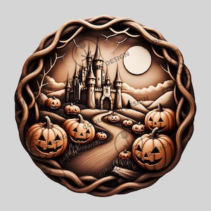 Fichier laser d&#39;Halloween, gravure d&#39;illusion 3D, chemin de citrouille du château enchanté, fichier de gravure prêt au laser pour Glowforge