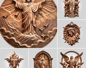 May include: A collection of intricately carved wooden religious art pieces. The images depict Jesus Christ in various poses, including standing with outstretched arms, and wearing a crown of thorns. The pieces are in shades of brown and beige.
