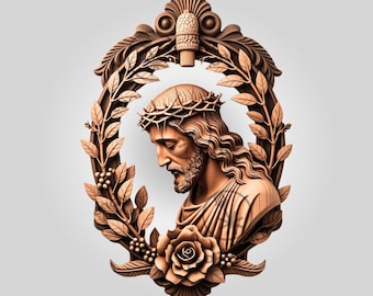 May include: A wooden carving of Jesus wearing a crown of thorns, framed by an oval wreath of leaves and berries. A rose is at the bottom. The carving is in shades of brown and tan.