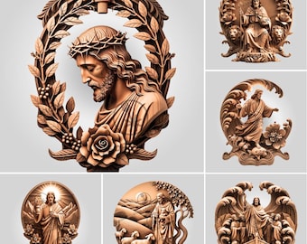 May include: A collection of intricately carved wooden religious art pieces. The images depict Jesus in various scenes, including a bust framed by a floral wreath, and other biblical scenes. The carvings are detailed and rendered in shades of brown.