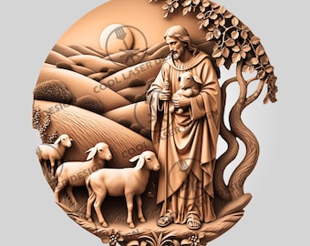 Può includere: Scultura in rilievo in legno raffigurante una scena religiosa. Una figura in abito tiene un agnello, circondata da pecore. Lo sfondo mostra dolci colline, un albero e un sole. La scultura è nei toni del marrone e beige.