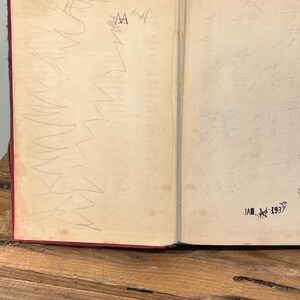 K&ouml;nnte beinhalten: Ein offenes, antikes Buch mit rotem Einband und gealterten, cremefarbenen Seiten. Bleistiftschmierereien und die Buchstaben "AA" sind auf der linken Seite zu sehen. Die rechte Seite enth&auml;lt handschriftliche Notizen und das Datum "JAN 1st 1937" in schwarzer Tinte gestempelt.