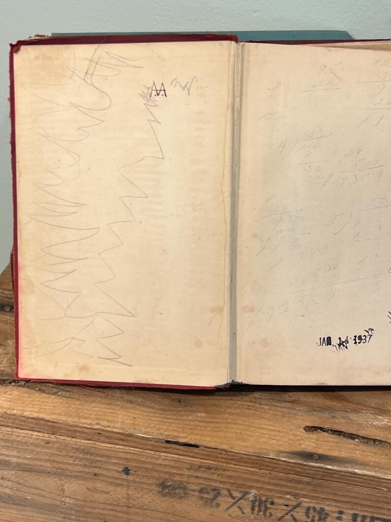 K&ouml;nnte beinhalten: Ein offenes, antikes Buch mit rotem Einband und gealterten, cremefarbenen Seiten. Bleistiftschmierereien und die Buchstaben "AA" sind auf der linken Seite zu sehen. Die rechte Seite enth&auml;lt handschriftliche Notizen und das Datum "JAN 1st 1937" in schwarzer Tinte gestempelt.