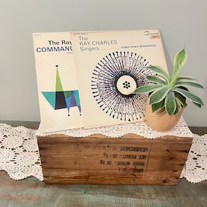 Puede incluir: Dos discos de vinilo vintage, "The Ray Charles Singers...Something Wonderful" y "The Ray Command", descansan sobre una caja de madera. Una pequeña suculenta en maceta se encuentra junto a los discos. La caja tiene texto impreso y medidas.