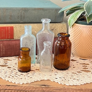 Vintage Lot of 5 Glass Bottles Antique Country Cottage Farmhouse Primitive Kitchen Decor