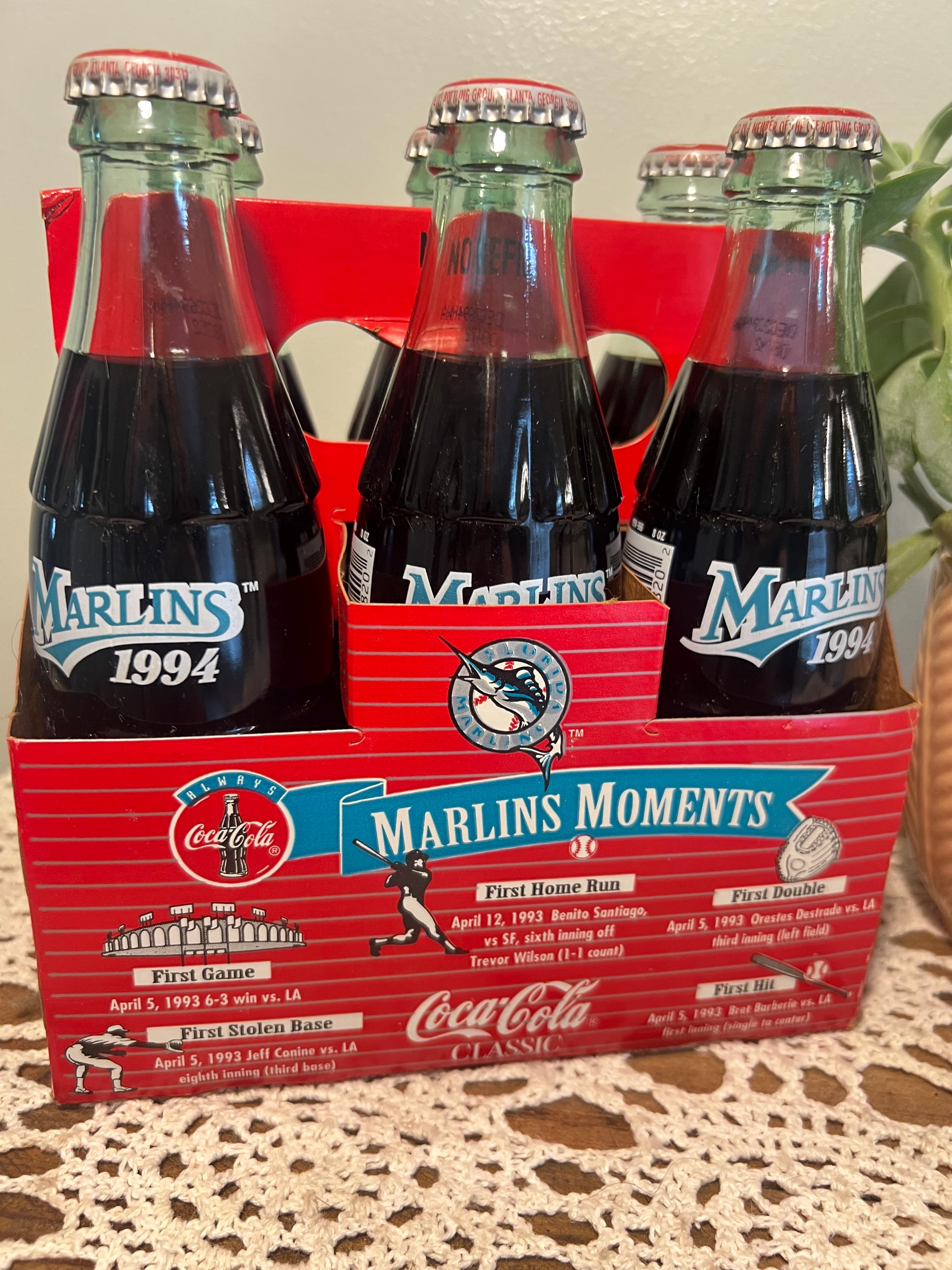 Vintage 1994 Florida Marlins Coca Cola Glass Bottles, Set of 6