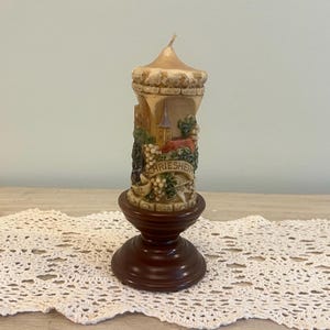 Vintage Antique German Carved Candle with Wood Holder Country Cottage Farmhouse Decor