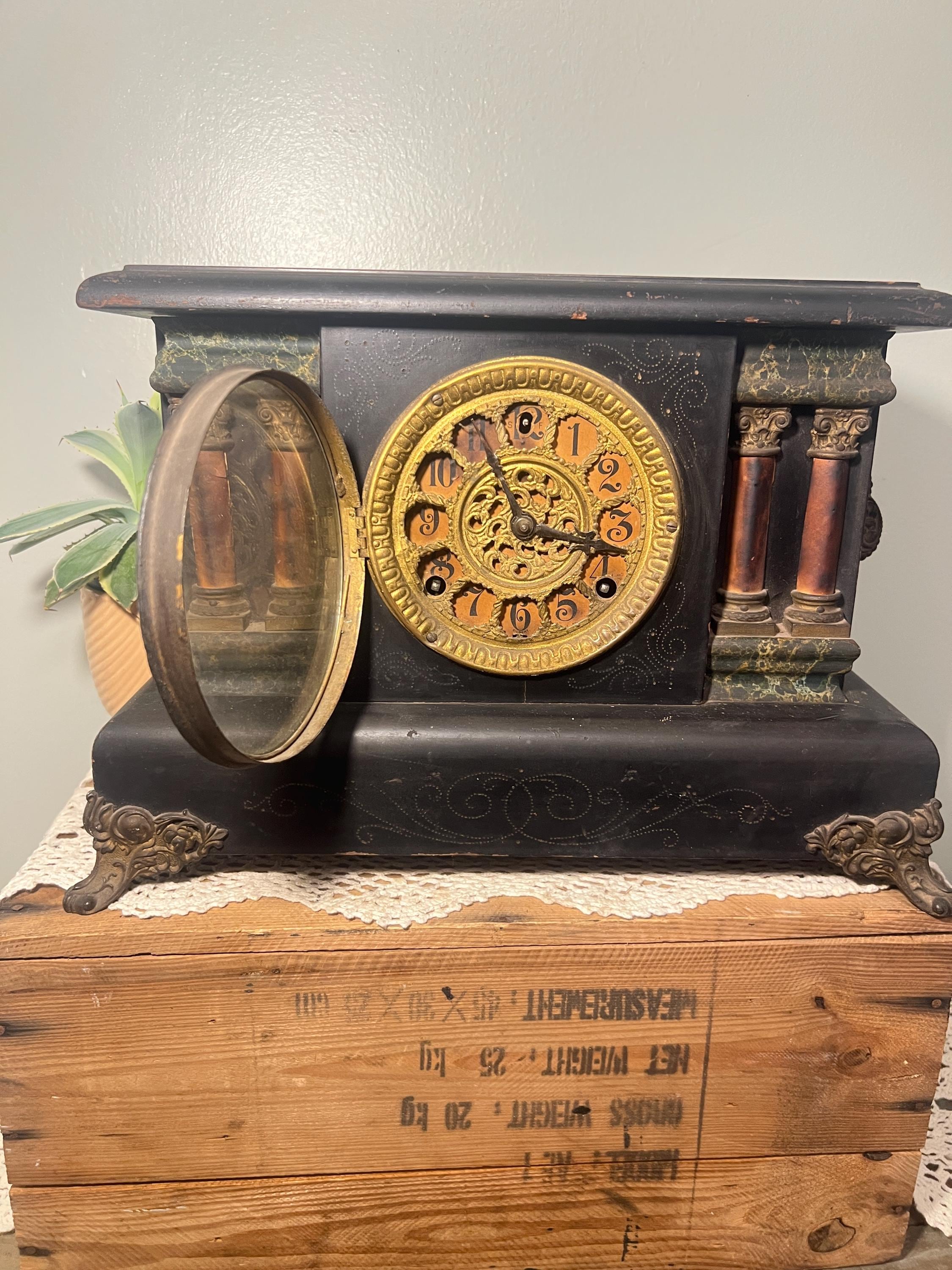 Antique 8 Day Mantle Clock 1800's Vintage Wood Clock Country Cottage ...