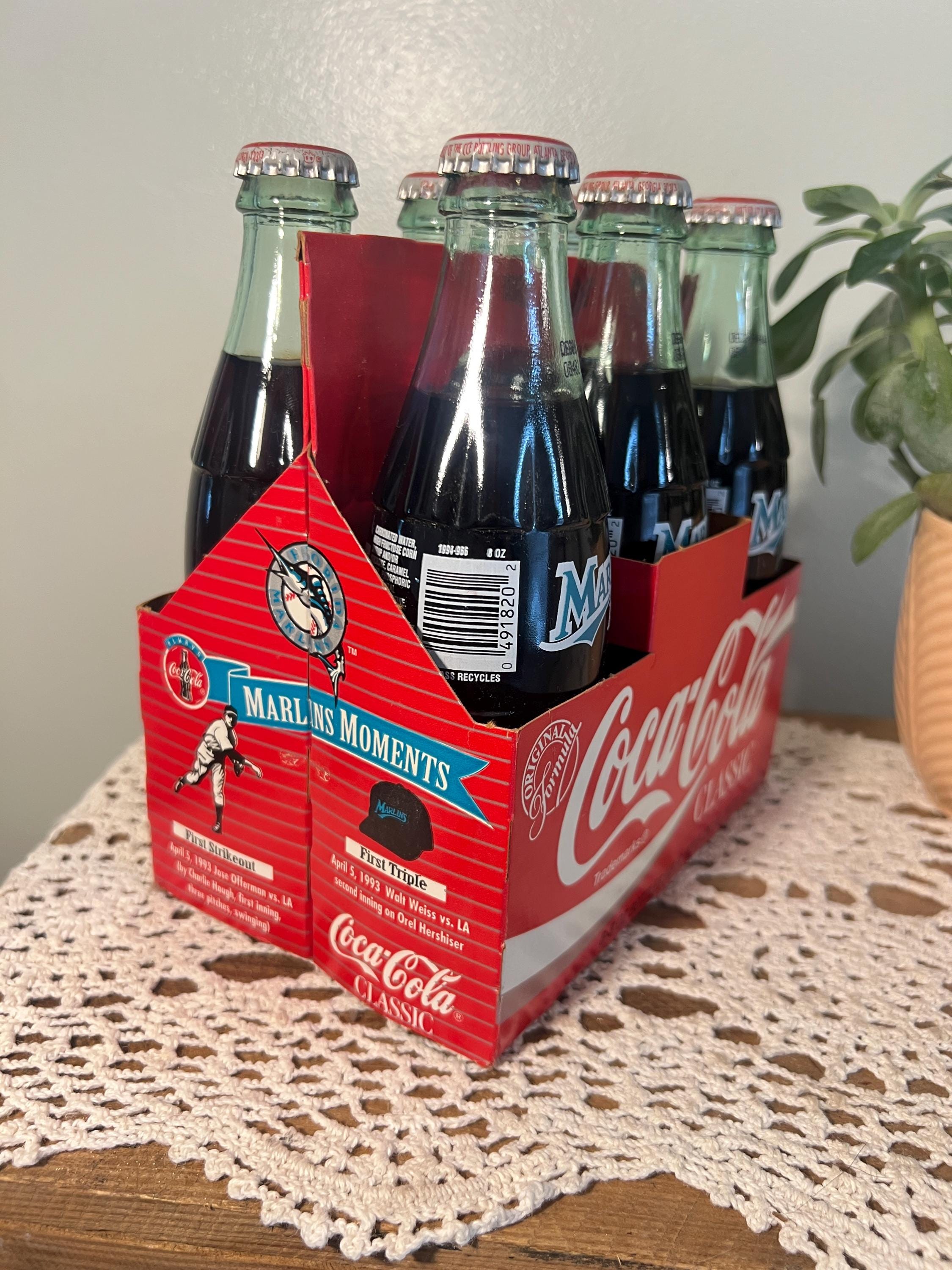 Vintage 1994 Florida Marlins Coca Cola Glass Bottles, Set of 6