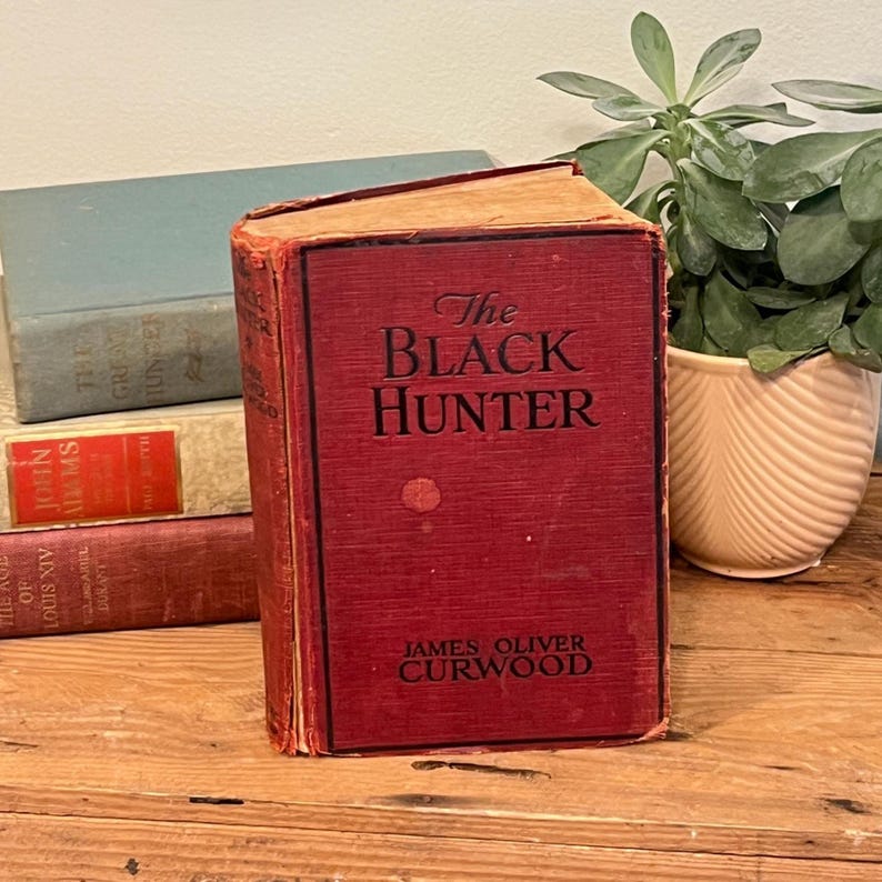 K&ouml;nnte beinhalten: Ein rotes Hardcover-Buch mit dem Titel "The Black Hunter" von James Oliver Curwood. Der Titel ist in goldener Schrift gehalten. Im Hintergrund sind weitere B&uuml;cher und eine Topfpflanze zu sehen.