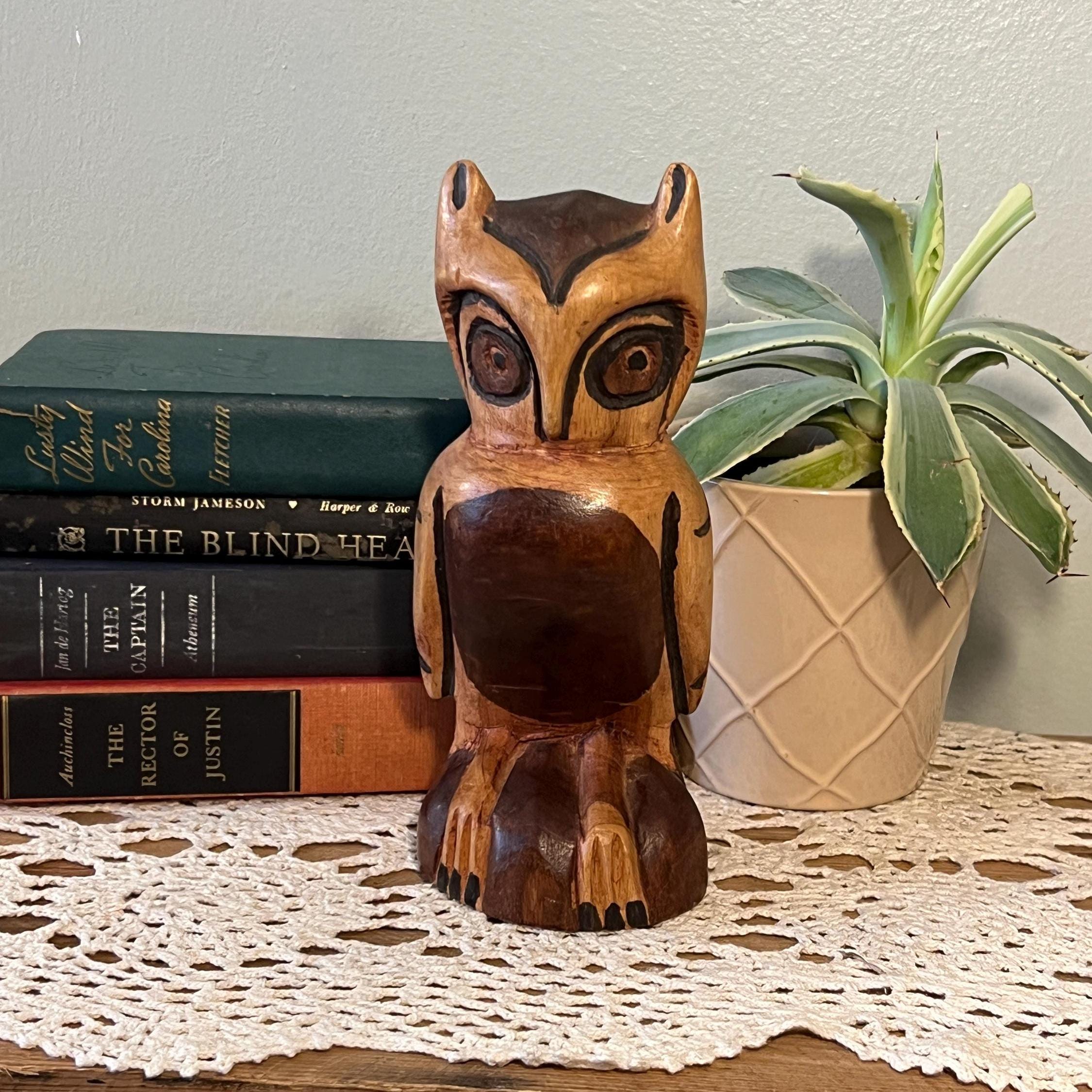 Vintage Wooden Hand Carved Owl, Wood Carving Statue Figurine
