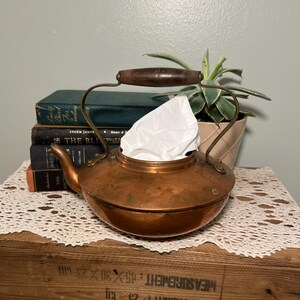 Op de afbeelding: Een koperen theepotvormige tissuebox met een houten handvat en messing accenten. De tissuebox is gevuld met witte tissues en staat op een houten oppervlak. Een stapel boeken en een potplant staan op de achtergrond.