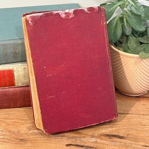 K&ouml;nnte beinhalten: Ein Vintage-Buch mit verblasstem rotem Einband steht aufrecht, seine Seiten zeigen einen goldenen Farbton. Andere B&uuml;cher sind teilweise im Hintergrund zu sehen, zusammen mit einer Topf-Sukkulente. Der Buchr&uuml;cken ist abgenutzt, was auf das Alter hindeutet.