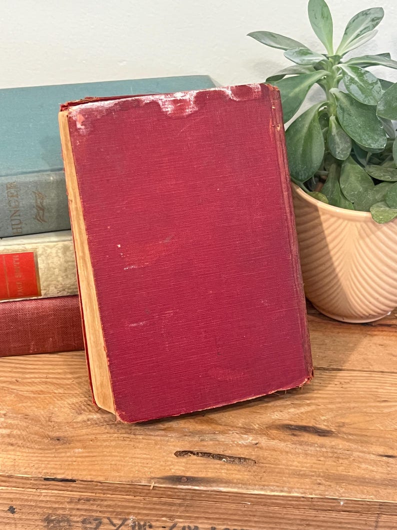 K&ouml;nnte beinhalten: Ein Vintage-Buch mit verblasstem rotem Einband steht aufrecht, seine Seiten zeigen einen goldenen Farbton. Andere B&uuml;cher sind teilweise im Hintergrund zu sehen, zusammen mit einer Topf-Sukkulente. Der Buchr&uuml;cken ist abgenutzt, was auf das Alter hindeutet.