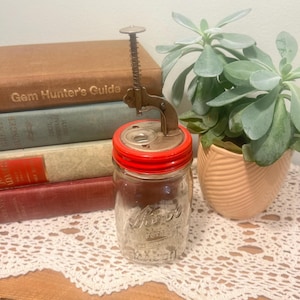 Vintage Cherry Pitter Spring Action Glass Red Mason Jar Made in Chicago IL Primitive Country Cottage Farmhouse Decor