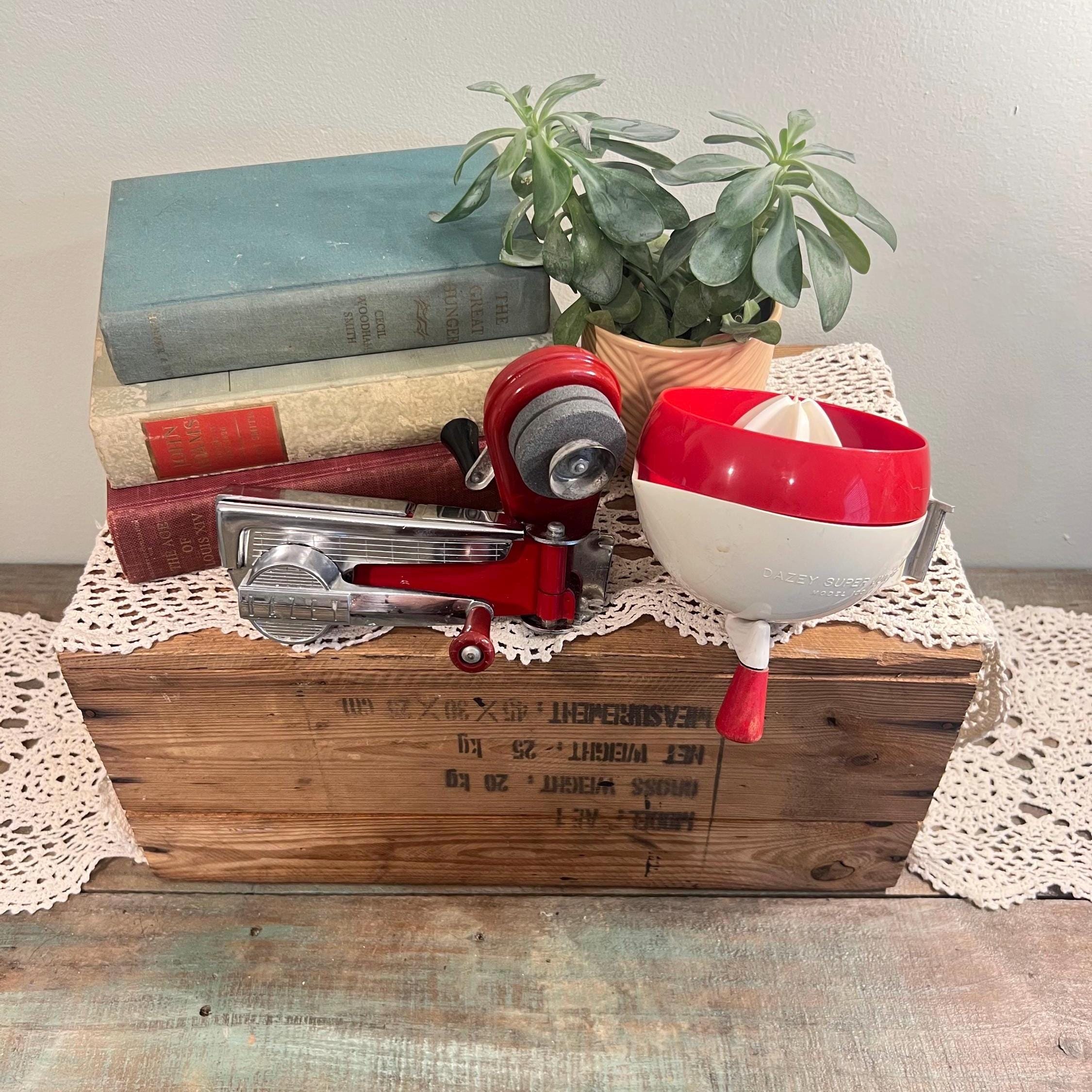 Vintage Dazey Red Wall Mount Can Opener, Knife Sharpener & Juicer